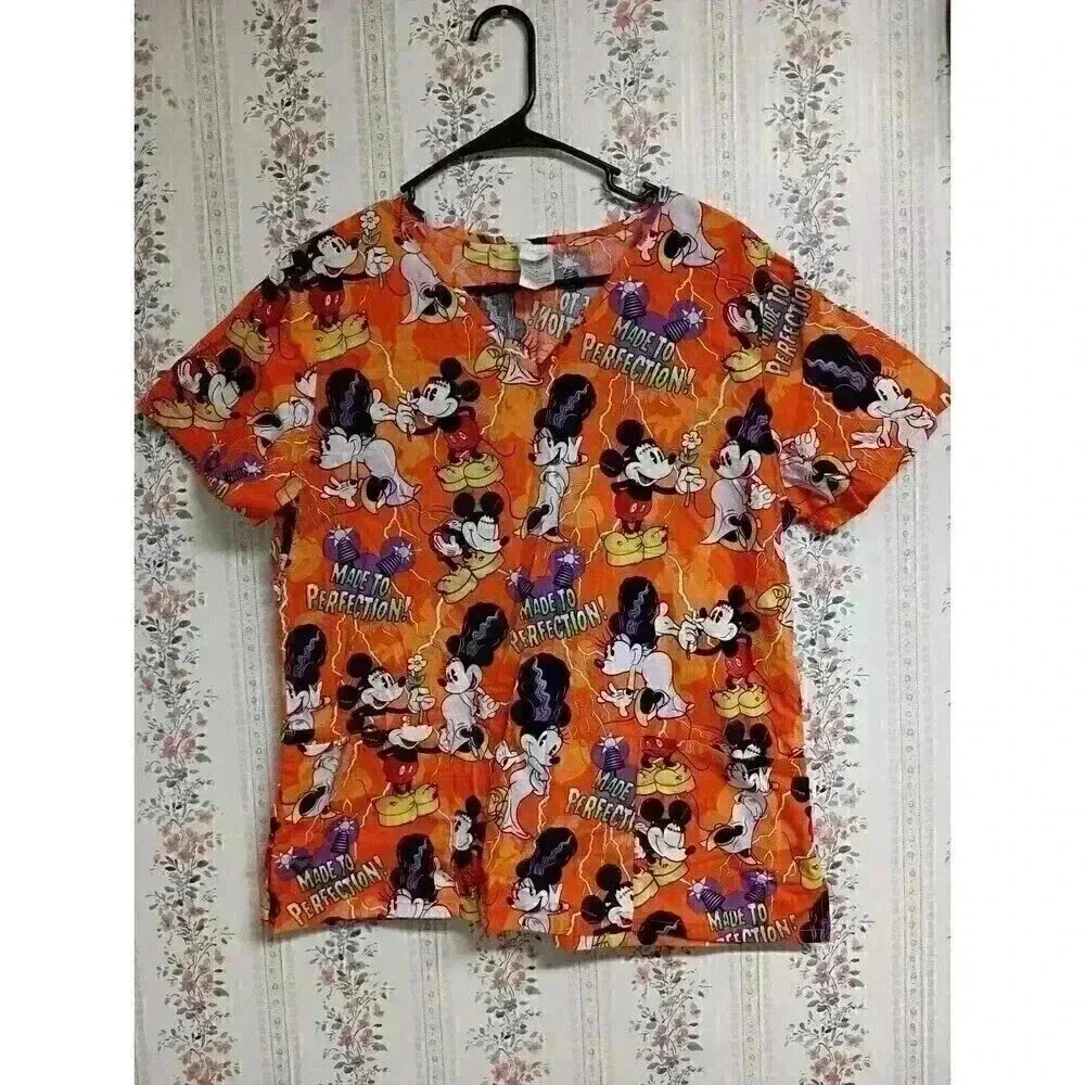 Disney Womens Medical Scrub Orange M Top Mickey Minnie Front Pockets Halloween